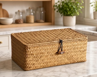 Cesto intrecciato in stile boho con coperchio, organizer per la casa vintage in stile pastorale.