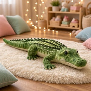 Puede incluir: Un peluche de cocodrilo con cuerpo verde texturizado, escamas de color verde oscuro a lo largo del lomo, vientre de color crema claro y grandes ojos negros. El animal de peluche se encuentra en posición horizontal con cuatro patas.