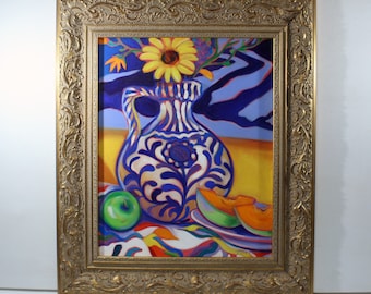 New Mexico Artist Tracy Turner Sheppard Painting Blue Vase And Cantalope