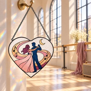 Dancing Couple Moon Heart Suncatcher, Stained Glass Window Hanging, Dance Lover Anniversary Gift