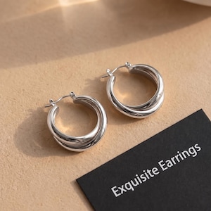 Pode incluir: Um par de brincos de argola prateados com um design entrelaçado de várias camadas e um acabamento metálico polido. Um cartão retangular preto com o texto impresso em branco Exquisite Earrings está posicionado ao lado das joias.