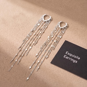 May include: A pair of silver-toned drop earrings featuring a teardrop-shaped hoop top with multiple dangling chains adorned with small, flat, circular metallic discs. A black card with the white text Exquisite Earrings is visible.