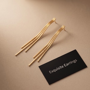 May include: A pair of gold-toned earrings featuring three slender, wavy metal strands that hang from a single post. Next to the earrings is a small black rectangular card with the white text Exquisite Earrings printed on the surface.