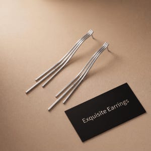 May include: A pair of silver-toned earrings featuring three thin, wavy metal bars that hang from a post backing. Next to the earrings is a small black rectangular card with the white text Exquisite Earrings printed on the surface.
