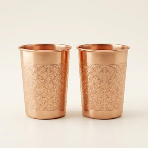 Handgjorda kopparglas, set med 2 graverade dricksglas, köksredskap