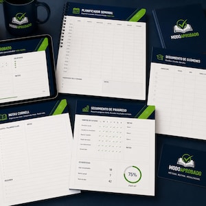 Puede incluir: Un conjunto de materiales de planificación de estudios que incluye una tableta, un planificador semanal de espiral y varias hojas impresas con la marca ModoAprobado. Incluye notas Cornell, un seguimiento de exámenes y un gráfico de progreso.