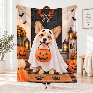 Può includere: Una morbida coperta in pile con un cane Corgi vestito da fantasma che tiene in bocca un secchiello per caramelle a forma di zucca. La scena raffigura un portico con zucche, lanterne, una ghirlanda e una porta nera. La coperta ha un bordo a quadri.