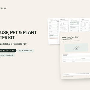 Puede incluir: Un kit de 22 páginas rellenables e imprimibles en PDF para cuidadores de casas, mascotas y plantas de Bizlab. El conjunto incluye cuatro versiones en inglés y francés, en formatos A4 y US Letter, con formularios organizados para instrucciones.