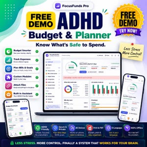 Puede incluir: Software FocusFunds Pro ADHD Budget & Planner mostrado en una computadora portátil y dos teléfonos inteligentes. La interfaz muestra paneles financieros, seguimiento de gastos y sobres de presupuesto. Texto: Free Demo, Try Now.