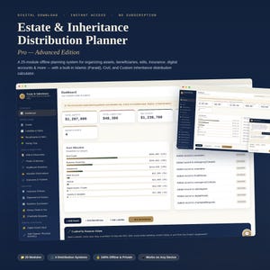 Könnte beinhalten: Eine digitale Benutzeroberfläche für den Estate & Inheritance Distribution Planner Pro auf einem Bildschirm. Das Dashboard zeigt Vermögensallokation, Gesamtvermögen, Verbindlichkeiten und Nettovermögen. Die Seitenleiste listet Module für Vermögenswerte auf.