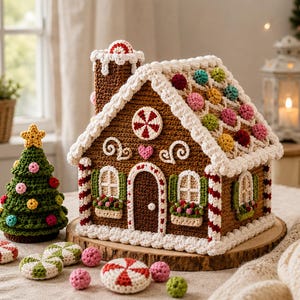 Op de afbeelding: Een bruin gehaakt peperkoekhuisje met witte glazuurranden, een rood-witte pepermunt-schoorsteen en kleurrijke pompon-dakversieringen. Daarnaast staat een groene gehaakte kerstboom en verschillende kleine, ronde pepermuntjes.