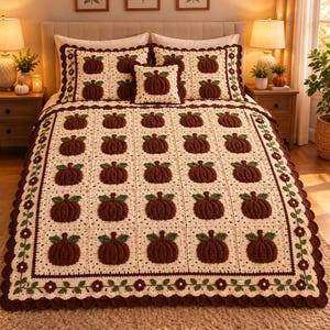 May include: A crochet bedspread and matching pillow shams featuring a repeating pattern of dark brown pumpkins on a cream background. The set includes a decorative border with small green vines and brown flowers, finished with a scalloped edge.