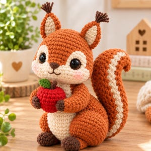 Puede incluir: Una figura de ardilla tejida a ganchillo en hilo color naranja óxido, con vientre crema y una gran cola tupida con una franja crema. La ardilla tiene grandes ojos negros, patas marrón oscuro, orejas con mechones y sostiene una manzana roja.