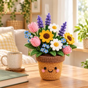 Molde de vaso de flores em crochê, buquê de amigurumi, decoração floral para casa (PDF digital)
