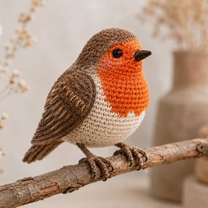 May include: A crocheted robin bird figurine featuring a brown back and wings with light tan stitching, a bright orange chest, a cream-coloured belly, a small black beak, and black bead eyes, perched on a textured brown wooden branch.