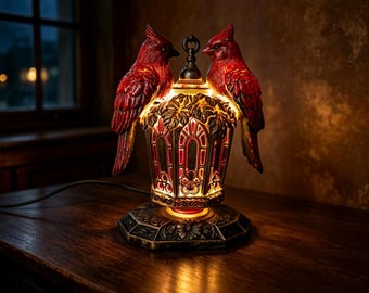 May include: A decorative table lamp featuring two red cardinal birds perched on opposite sides of a central lantern-style housing. The base and lantern structure are dark with intricate floral and geometric relief patterns, emitting a warm glow.