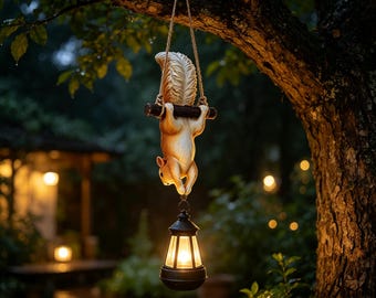 May include: A hanging garden ornament featuring a light brown squirrel figurine suspended by a jute rope from a tree branch. The squirrel is holding a small, black, battery-operated lantern that emits a warm, glowing light from its centre.