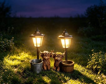 May include: Two solar-powered garden lamps with black frames and warm glowing lights. Each lamp is paired with a brown highland cow figurine wearing a flower crown. One cow stands next to a grey metal bucket, the other next to a brown wooden planter.