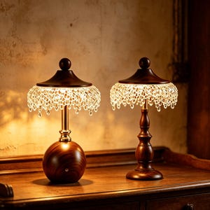 Puede incluir: Dos lámparas de mesa con bases de madera oscura y pantallas a juego con remate de madera, decoradas con gotas de cristal transparente colgantes. La lámpara izquierda tiene una base esférica y la derecha un pie torneado, emitiendo luz cálida.