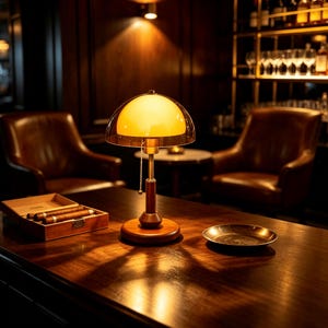Puede incluir: Una l&aacute;mpara de mesa con una pantalla de cristal &aacute;mbar redondeada y una bombilla de luz c&aacute;lida en su interior. La l&aacute;mpara cuenta con un v&aacute;stago de metal color lat&oacute;n, una base circular de madera y un interruptor de cadena. Se apoya sobre una mesa.