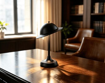 May include: A matte black table lamp featuring a slender vertical stem, a circular base, and a wide, dome-shaped shade angled slightly to one side. The lamp has a smooth, solid finish and a minimalist silhouette, providing a focused light source.