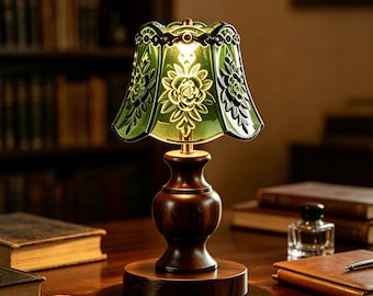 Vintage Emerald Green Glass Table Lamp, Touch Control  3 Color Changing Night Light,  Floral Glass Lamp for Bedroom Desk Decor
