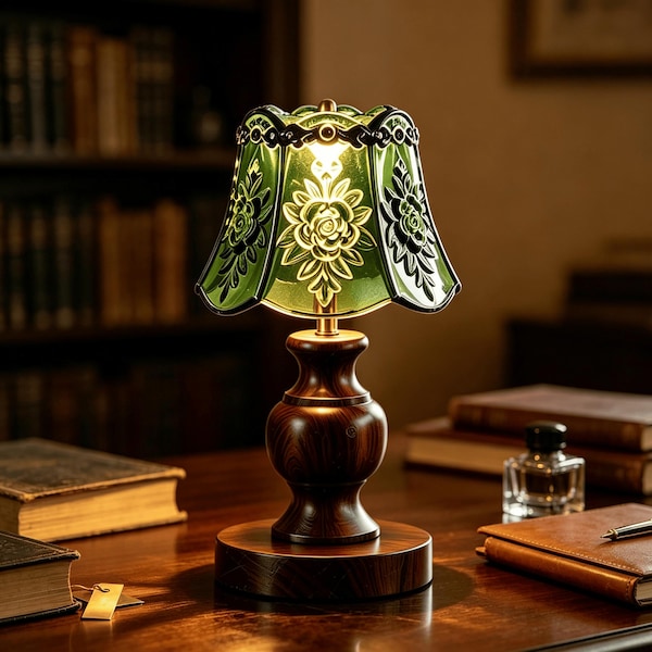 Vintage Emerald Green Glass Table Lamp, Touch Control  3 Color Changing Night Light,  Floral Glass Lamp for Bedroom Desk Decor