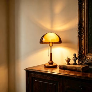 Puede incluir: Una l&aacute;mpara de mesa con base y cuerpo de madera marr&oacute;n oscuro, rematada con una pantalla de c&uacute;pula de cristal &aacute;mbar transl&uacute;cido. Una cadena de tiro plateada cuelga del centro y la l&aacute;mpara emite un brillo c&aacute;lido que ilumina el entorno.
