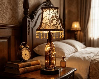 May include: A table lamp featuring a brown glass bottle base filled with glowing string lights. The lamp has a fabric shade with a dark floral pattern and a decorative trim of hanging amber-coloured glass beads, set on a circular black base.
