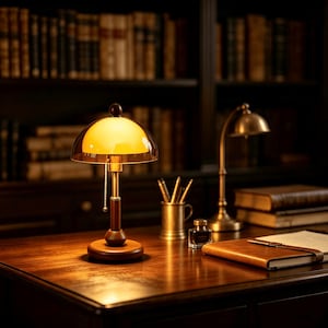 Puede incluir: Una l&aacute;mpara de mesa con base de madera oscura, v&aacute;stago de lat&oacute;n y pantalla de cristal transparente en forma de c&uacute;pula que cubre una bombilla de luz c&aacute;lida. Una peque&ntilde;a cadena de metal cuelga de la l&aacute;mpara situada sobre un escritorio de madera.