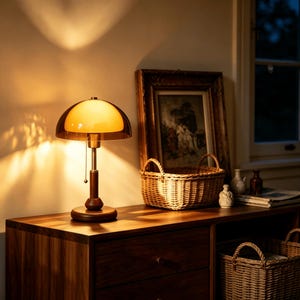 Puede incluir: Una l&aacute;mpara de mesa con base de madera marr&oacute;n oscuro y un v&aacute;stago con acabado met&aacute;lico. La l&aacute;mpara tiene una pantalla de doble capa que consiste en un domo exterior transparente y un domo interior de vidrio esmerilado que emite luz c&aacute;lida.