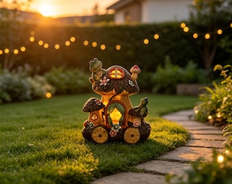 May include: A decorative mushroom-shaped house figurine featuring a warm internal glow, two small frog figures, and wooden-style wheels. The structure is painted in earthy brown and green tones with small floral accents and a red-capped mushroom topper.
