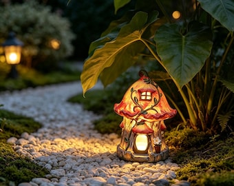 May include: A mushroom-shaped garden lantern with a glowing orange cap and a brown base. The cap features a small window and vine details, while the base includes an arched doorway and a small potted flower. The lantern emits a warm light.