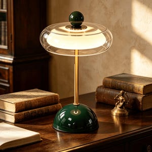 Puede incluir: Una lámpara de mesa con base en forma de cúpula verde oscuro, un tallo de metal dorado delgado y una pantalla de vidrio transparente ancha que rodea un difusor de luz blanco. Una pequeña esfera verde oscuro corona la parte superior.