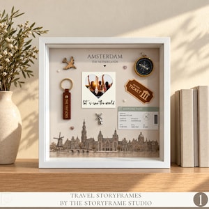 May include: A white shadow box frame containing a travel-themed display with a central heart-shaped photo, a brown leather keychain labeled The Taylors, a compass, a museum ticket, a boarding pass, and a miniature windmill figurine.
