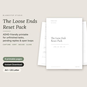 Può includere: Un set di documenti stampabili intitolato The Loose Ends Reset Pack, con testo per attività incompiute, risposte in sospeso e questioni aperte. Il pacchetto include sei pagine in formato A4 e US Letter, con il testo Capture, Sort, Decide, Close.