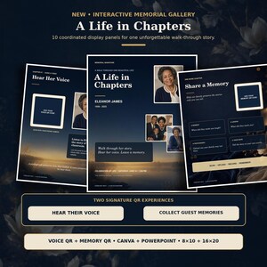 Può includere: Un set di tre pannelli commemorativi blu scuro intitolati A Life in Chapters, con testo, segnaposto per foto e sezioni per codici QR. I pannelli includono sezioni per Hear Her Voice e Share a Memory per una celebrazione della vita.