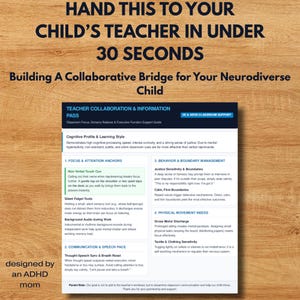 May include: A Teacher Collaboration & Information Pass document featuring sections on cognitive profile, focus anchors, behavior management, and physical movement needs. The text includes instructions for supporting neurodiverse students in the classroom.