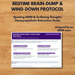 Op de afbeelding: Een wit rechthoekig document getiteld Bedtime Brain-Dump & Wind-Down Protocol. De tekst schetst een vierstappenplan voor een neurobiologisch slaapprotocol om ADHD-gedachten te kalmeren, inclusief secties over mentale rust en ontspanning.