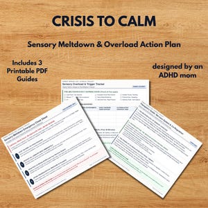 Puede incluir: Un conjunto de tres guías PDF imprimibles tituladas Crisis to Calm: Sensory Meltdown & Overload Action Plan. Los documentos incluyen una hoja de trucos de emergencia, un rastreador de sobrecarga sensorial y una guía del terapeuta.