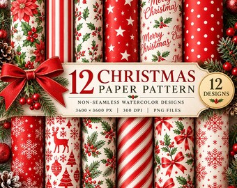 Rot-weißes Weihnachtsmuster-Set, 12 nahtlose Aquarell-Designs, digitales Papier und Geschenkpapier-Drucke