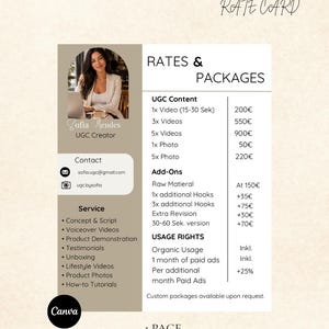 Könnte beinhalten: Eine beige-weiße Preisliste für UGC-Ersteller mit einem Porträt von Sofia Mendes, Kontaktdaten, einer Liste von Dienstleistungen wie Konzept und Skript sowie einer detaillierten Aufschlüsselung von Video- und Fotopaketen mit Kosten.