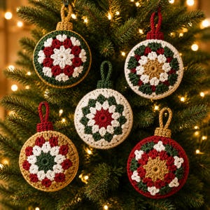 May include: Five round crochet ornaments featuring intricate floral-inspired patterns in red, white, dark green, and gold yarn. Each ornament has a matching crocheted hanging loop at the top, showcasing detailed stitching and vibrant holiday colours.