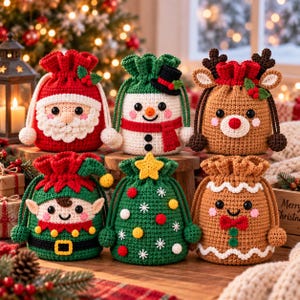 Könnte beinhalten: Sechs gehäkelte Beutel mit Kordelzug, die Weihnachtsmotive darstellen: ein Weihnachtsmann, ein Schneemann mit Zylinder, ein Rentier mit Geweih, ein Elf, ein Weihnachtsbaum mit gelbem Stern und ein Lebkuchenmann mit weißem Zuckerguss.
