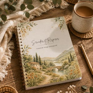 May include: A spiral-bound notebook featuring a watercolor landscape illustration of a stone house, a bridge over a river, and wildflowers. The cover displays the text S'évader et Respirer and Carnet de voyage introspectif in a dark script and serif font.