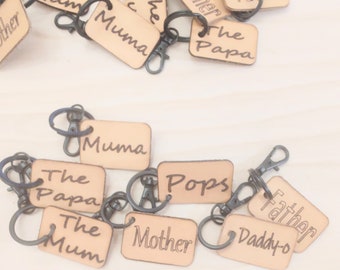 Mini Leather Keychain, Laser Burn, Daddy-o, Father, Pops, The Papa, Mother, The Mum, Muma, Veg Tanned, 1"x 1.5", Whisperstouch