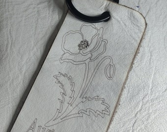 Leather Tag, Keychain, Bookmark, Soft Grey, Birth Month Flowers, 1.5x3 Inch