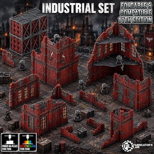 May include: A tabletop wargaming industrial set featuring red and grey modular building ruins, walls, and a storage crate structure. The text reads INDUSTRIAL SET, FOLDABLE & COMPATIBLE 11TH EDITION, PRINT-IN-PLACE FOR FDM, MULTICOLOR FOR FDM, FABRICATOR'S LAIR.