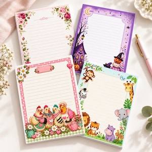 May include: Four rectangular stationery notepads with lined paper. One features pink roses, one a purple haunted house with a pumpkin, one a pink border with four chickens, and one a light blue border with various zoo animals including a monkey.