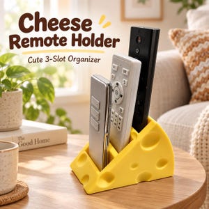 May include: A yellow cheese-shaped remote holder with three slots, currently holding a silver remote, a white remote, and a black remote. The text Cheese Remote Holder Cute 3-Slot Organizer is visible above the object in brown lettering.